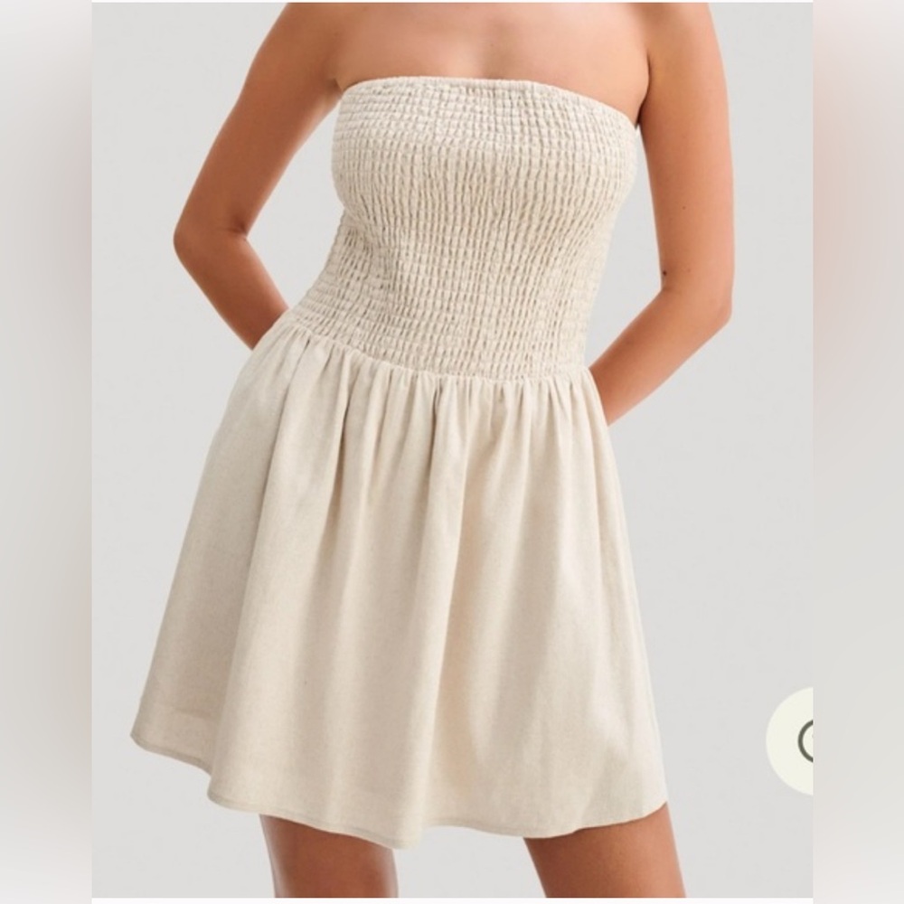 Meshki Holland Linen Shirring Mini Dress - Natural